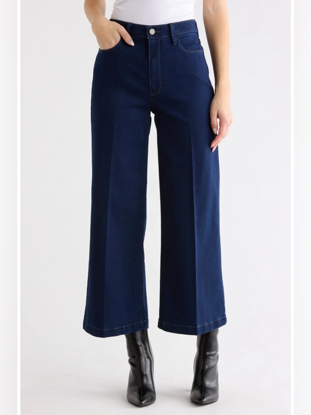 Paige Genesee Wide Leg Crop Jeans High Rise Dark Wash Elvira Size 32 Stretch - Picture 1 of 15